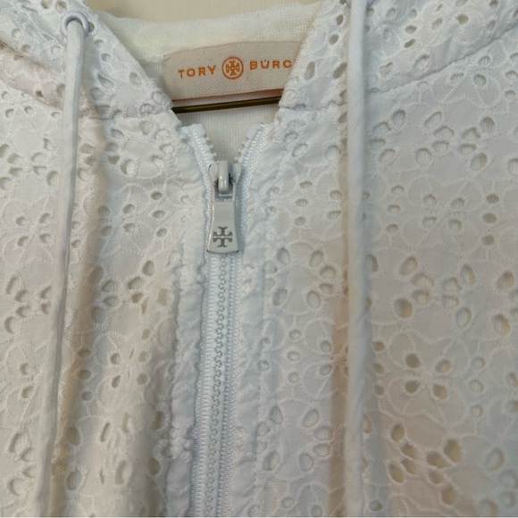 Tory Burch Jacket Zip Up Hoodie White Eyelet Elastic Waist Sheer Sleeves Size M - Picture 4 of 13